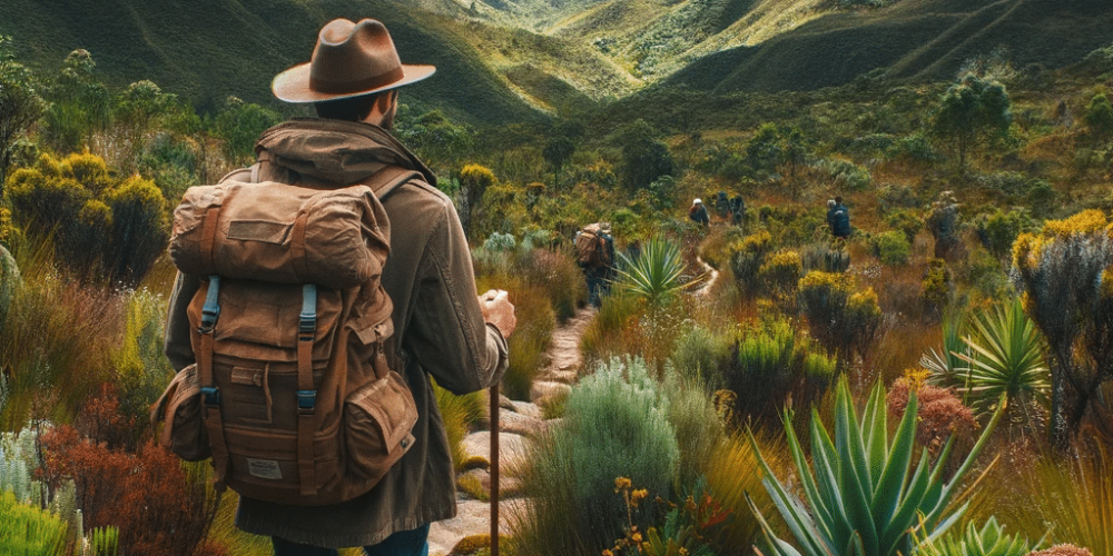 DALL%C2%B7E 2023 11 23 02.18.15 Un grupo de excursionistas en los cerros orientales de Bogota vistiendo ropa de abrigo y caminando por un sendero rodeado de vegetacion exuberante. E b23e43ff
