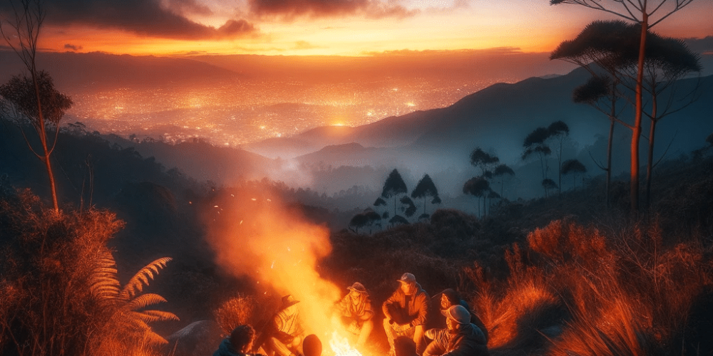 DALL%C2%B7E 2023 11 23 02.18.49 Una imagen al atardecer en los cerros orientales de Bogota mostrando un grupo de excursionistas descansando cerca de una fogata. La luz del fuego ilu ea873f55