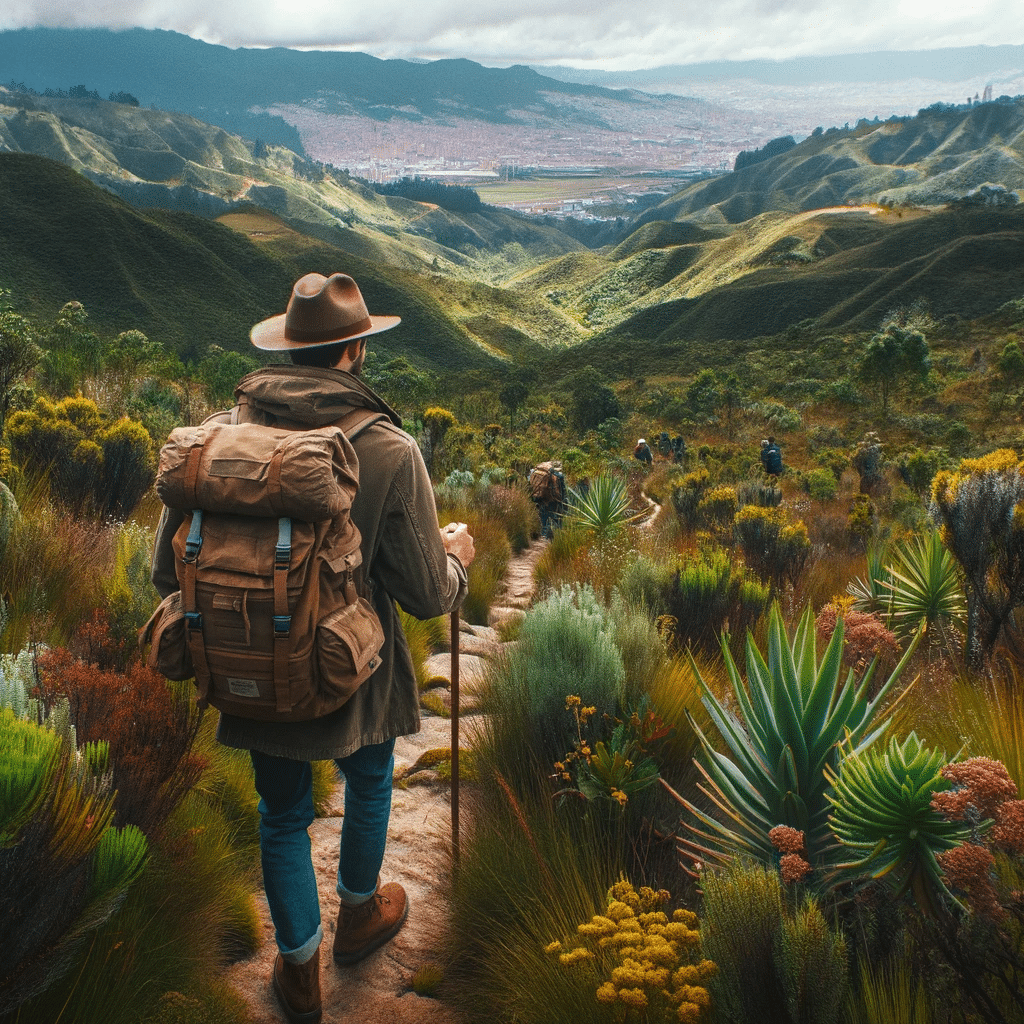 DALL%C2%B7E 2023 11 23 02.18.15 Un grupo de excursionistas en los cerros orientales de Bogota vistiendo ropa de abrigo y caminando por un sendero rodeado de vegetacion exuberante. E