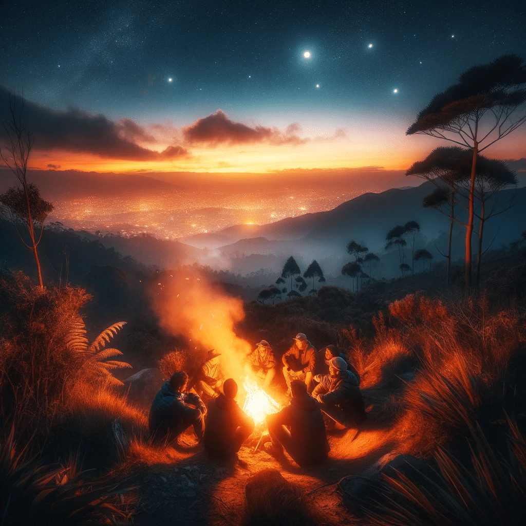 DALL%C2%B7E 2023 11 23 02.18.49 Una imagen al atardecer en los cerros orientales de Bogota mostrando un grupo de excursionistas descansando cerca de una fogata. La luz del fuego ilu