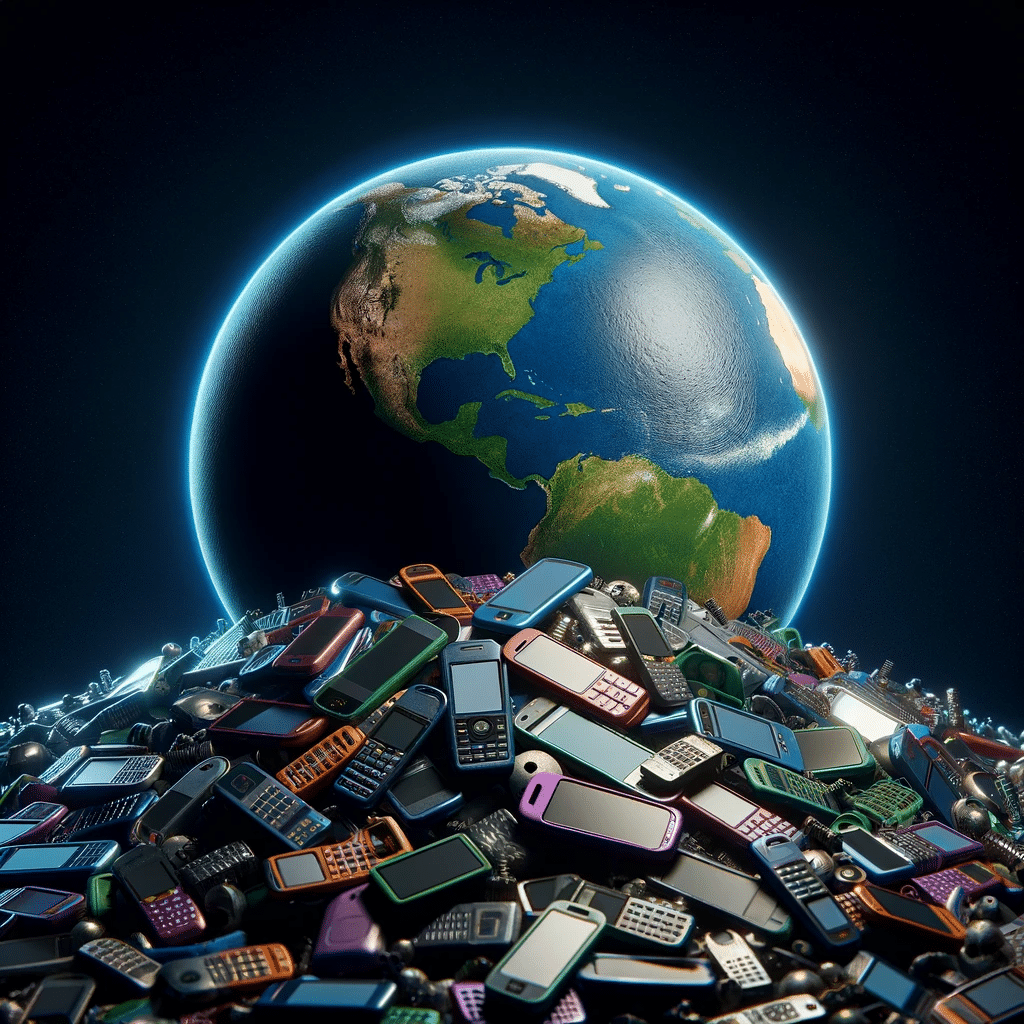 DALL%C2%B7E 2023 11 27 02.03.41 Una imagen representando el reciclaje de celulares usados mostrando un monton de celulares viejos siendo clasificados para su reutilizacion o recicla