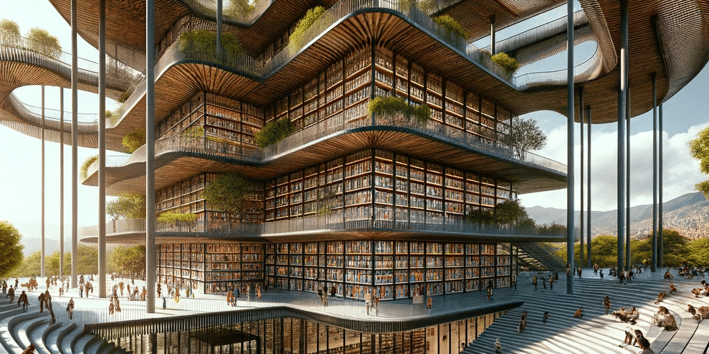 DALL·E 2023 11 23 02.55.01 Una imagen de la Biblioteca Publica Virgilio Barco en Bogota mostrando su impresionante arquitectura moderna. La biblioteca esta rodeada de zonas ver 01d9add9