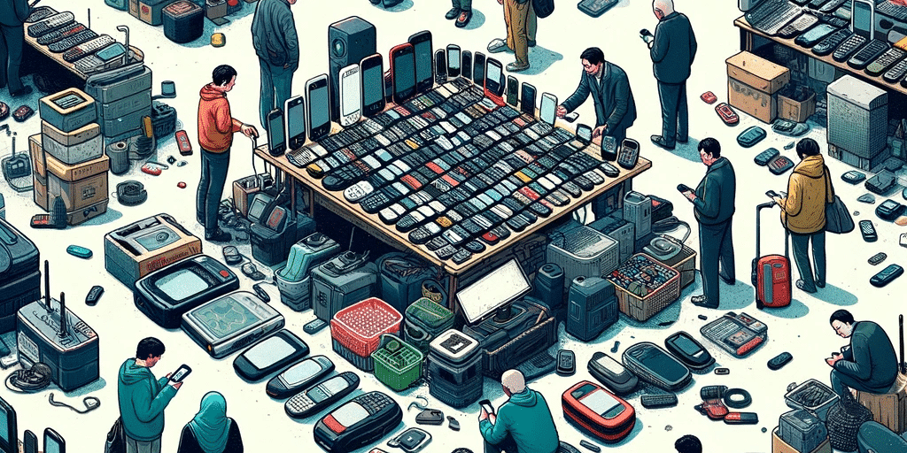 DALL·E 2023 11 27 02.03.43 Una imagen que muestra a personas comprando y vendiendo celulares usados en un mercado de tecnologia. La escena ilustra una variedad de dispositivos e 1966a501