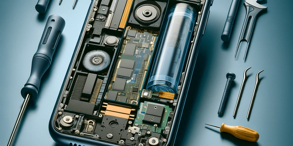 DALL·E 2023 11 27 02.03.45 Una imagen conceptual que muestra la innovacion en el diseno de celulares enfocado en la durabilidad y la facilidad de reparacion. La imagen presenta 272c16e2