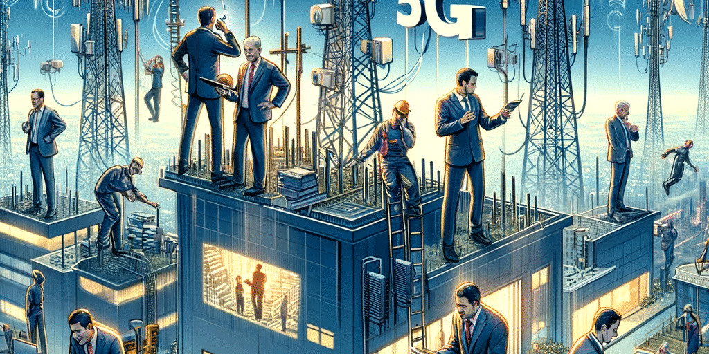 DALL·E 2023 11 27 02.14.56 Imagen ilustrando los desafios y oportunidades de la implementacion del 5G en Colombia mostrando trabajadores instalando infraestructura de 5G y empr 458ea4ae